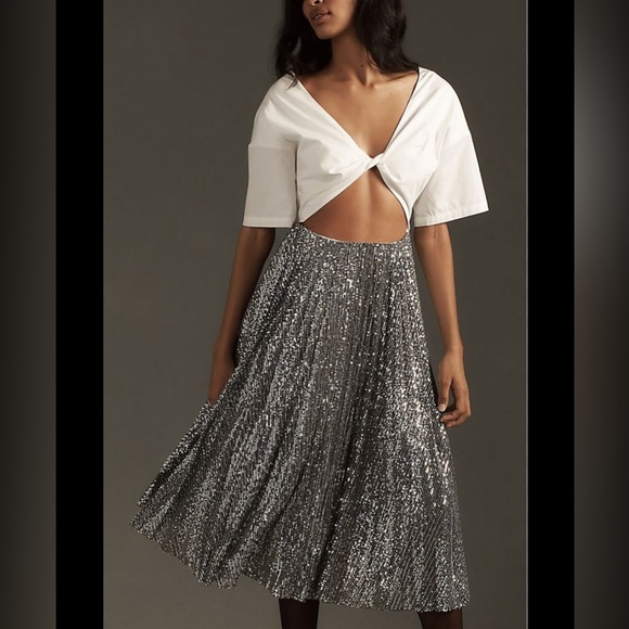 Anthropologie Delfi Collective Tofer White Metallic Pleated Midi Dress Size M - Picture 1 of 10